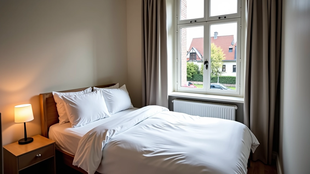Slaapkamer in een ingericht huis met eenpersoonsbed, nachtkastje en raam met uitzicht op Nederlandse straat