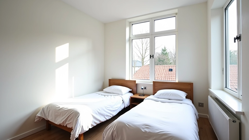 Lichte slaapkamer met twee bedden, ramen met uitzicht op park, schoon en fris design, rustgevend