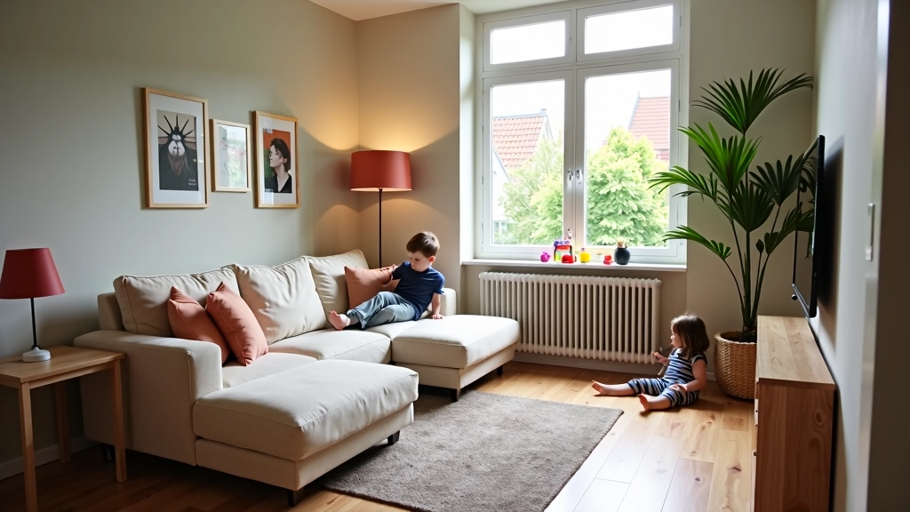 Gezinshuiskamer met speelhoek, bank en groot raam in ingericht woning, geschikt voor families