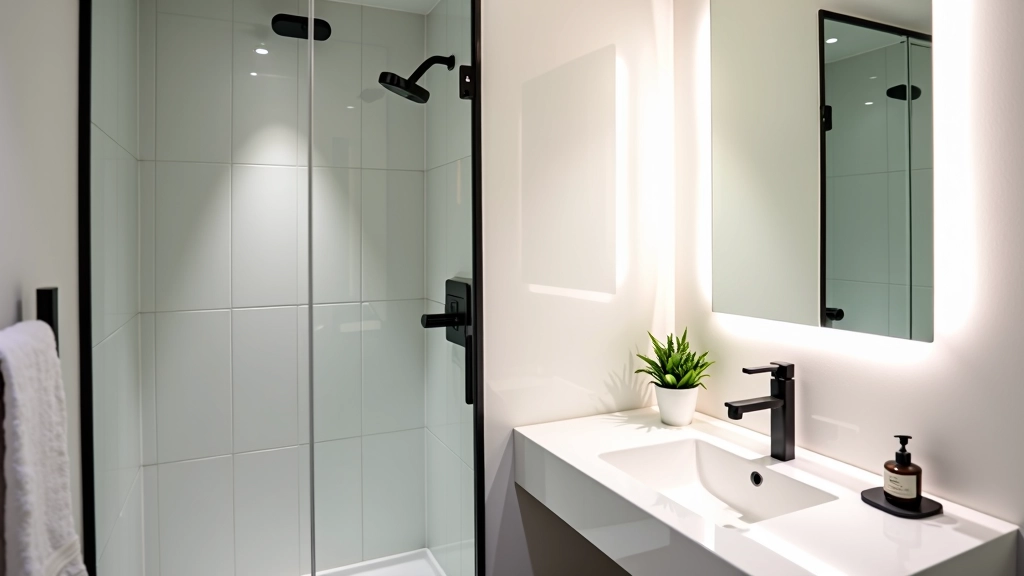 Badkamer in ingericht huis met douche, wastafel, spiegelkast en handdoeken, volledig voorzien