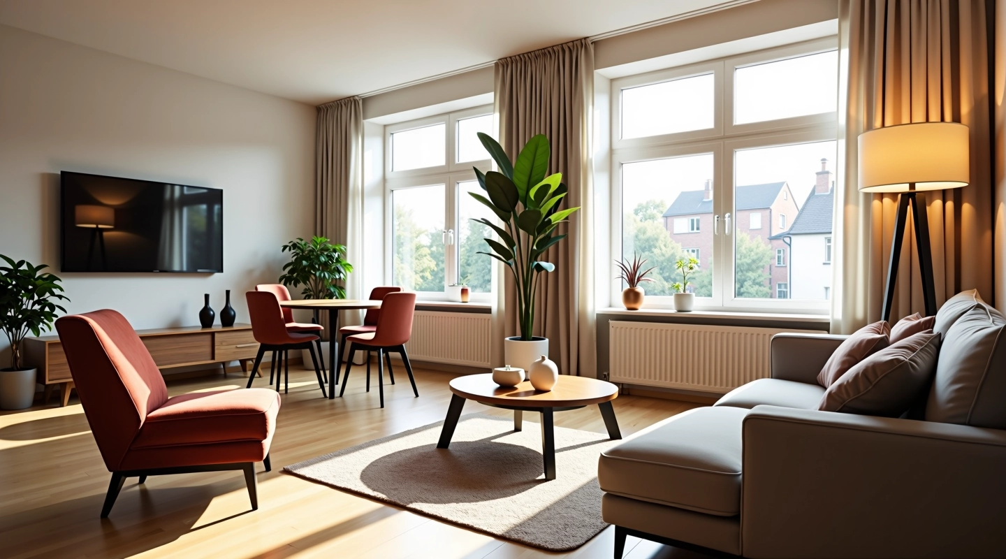 Moderne gemeubileerde woning in Den Haag met groot raam, natuurlijk licht en schoon interieur