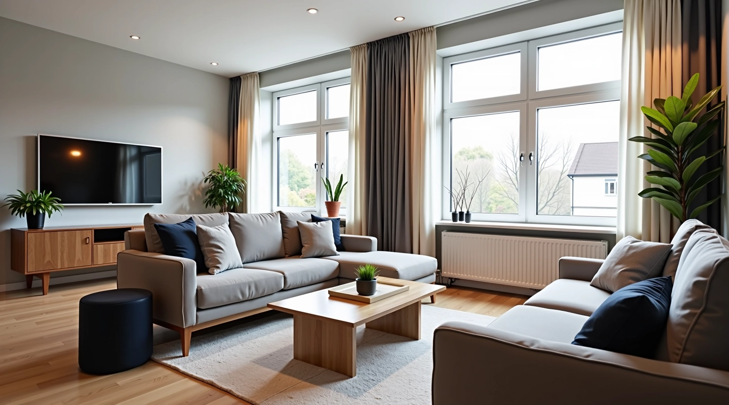 Moderne gemeubileerde woonkamer met comfortabel meubilair, grote ramen en warm licht in een Nederlands appartement